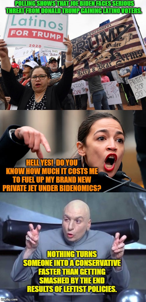 Hey . . . it could happen. | POLLING SHOWS THAT JOE BIDEN FACES SERIOUS THREAT FROM DONALD TRUMP GAINING LATINO VOTERS. HELL YES!  DO YOU KNOW HOW MUCH IT COSTS ME TO FUEL UP MY BRAND NEW PRIVATE JET UNDER BIDENOMICS? NOTHING TURNS SOMEONE INTO A CONSERVATIVE FASTER THAN GETTING SMASHED BY THE END RESULTS OF LEFTIST POLICIES. | image tagged in yep | made w/ Imgflip meme maker