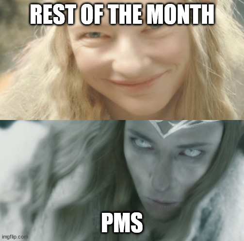 Legendary Mood Swings | REST OF THE MONTH; PMS | image tagged in galadriel two sides,pms,period,mood swing,180,happy sad | made w/ Imgflip meme maker