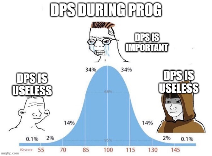 Bell Curve | DPS DURING PROG; DPS IS IMPORTANT; DPS IS USELESS; DPS IS USELESS | image tagged in bell curve | made w/ Imgflip meme maker