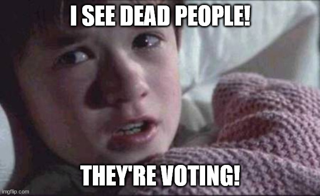 Dead Voters Are Scary | I SEE DEAD PEOPLE! THEY'RE VOTING! | image tagged in memes,i see dead people,voters,fraud,frightening,scam | made w/ Imgflip meme maker