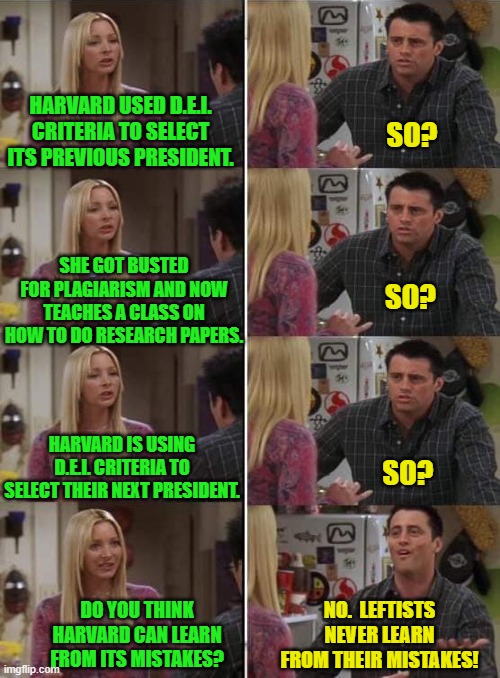 Correction, leftists never learn 'meaningful' lessons from their mistakes. | SO? HARVARD USED D.E.I. CRITERIA TO SELECT ITS PREVIOUS PRESIDENT. SHE GOT BUSTED FOR PLAGIARISM AND NOW TEACHES A CLASS ON HOW TO DO RESEARCH PAPERS. SO? HARVARD IS USING D.E.I. CRITERIA TO SELECT THEIR NEXT PRESIDENT. SO? DO YOU THINK HARVARD CAN LEARN FROM ITS MISTAKES? NO.  LEFTISTS NEVER LEARN FROM THEIR MISTAKES! | image tagged in phoebe teaching joey in friends | made w/ Imgflip meme maker