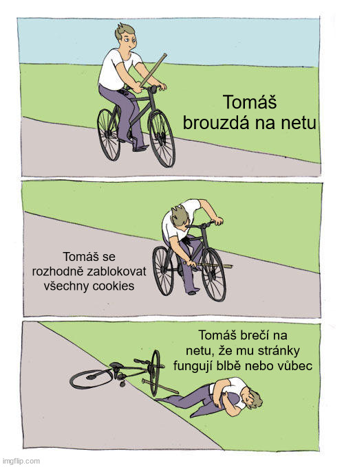 Bike Fall Meme | Tomáš brouzdá na netu; Tomáš se rozhodně zablokovat všechny cookies; Tomáš brečí na netu, že mu stránky fungují blbě nebo vůbec | image tagged in memes,bike fall | made w/ Imgflip meme maker