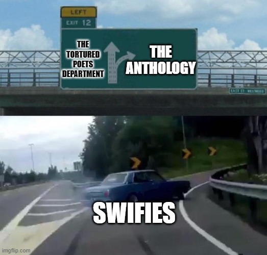 Swerving for The Anthology | THE TORTURED POETS DEPARTMENT; THE ANTHOLOGY; SWIFIES | image tagged in swerving car,the anthology,taylor swift,ttpd | made w/ Imgflip meme maker