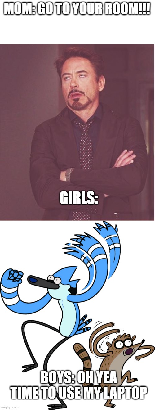 MOM: GO TO YOUR ROOM!!! GIRLS:; BOYS: OH YEA TIME TO USE MY LAPTOP | image tagged in memes,face you make robert downey jr,mordecai and rigby | made w/ Imgflip meme maker