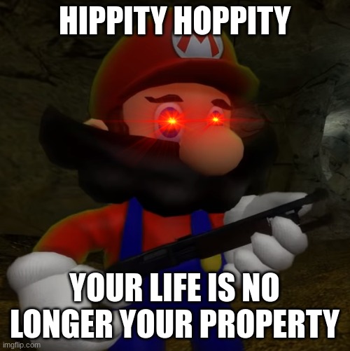 Mario with Shotgun | HIPPITY HOPPITY YOUR LIFE IS NO LONGER YOUR PROPERTY | image tagged in mario with shotgun | made w/ Imgflip meme maker