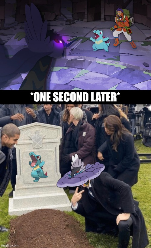 Here lies Totodile, who forgot he's disadvantage against Electric/Dragon Pokémon. | *ONE SECOND LATER* | image tagged in grant gustin over grave,raging bolt,totodile,funny | made w/ Imgflip meme maker