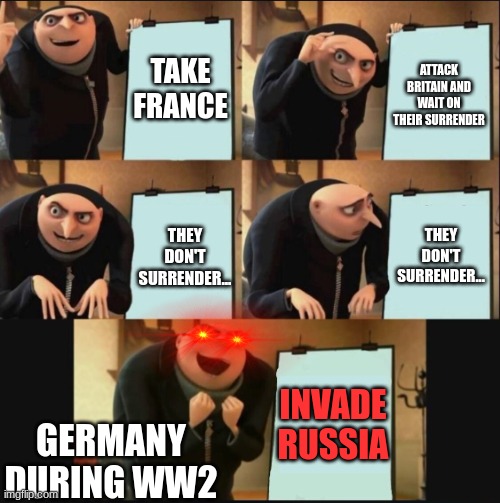Germany During World War 2 | TAKE FRANCE; ATTACK BRITAIN AND WAIT ON THEIR SURRENDER; THEY DON'T SURRENDER... THEY DON'T SURRENDER... INVADE RUSSIA; GERMANY DURING WW2 | image tagged in 5 panel gru meme | made w/ Imgflip meme maker