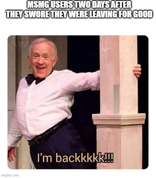 I’m backkkkk | MSMG USERS TWO DAYS AFTER THEY SWORE THEY WERE LEAVING FOR GOOD | image tagged in i m backkkkk | made w/ Imgflip meme maker