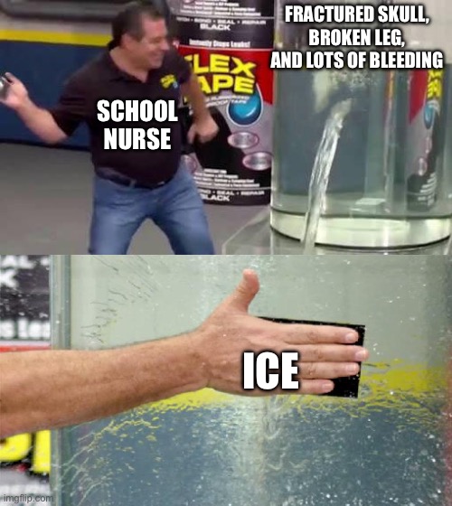 Srsly why ice? | FRACTURED SKULL, BROKEN LEG, AND LOTS OF BLEEDING; SCHOOL NURSE; ICE | image tagged in flex tape | made w/ Imgflip meme maker