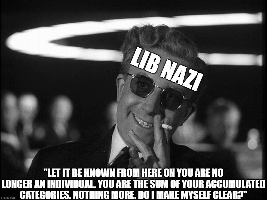 How Liberal Nazis Run Things | LIB NAZI; "LET IT BE KNOWN FROM HERE ON YOU ARE NO LONGER AN INDIVIDUAL. YOU ARE THE SUM OF YOUR ACCUMULATED CATEGORIES. NOTHING MORE. DO I MAKE MYSELF CLEAR?" | image tagged in dr strangelove,nazi,liberal | made w/ Imgflip meme maker