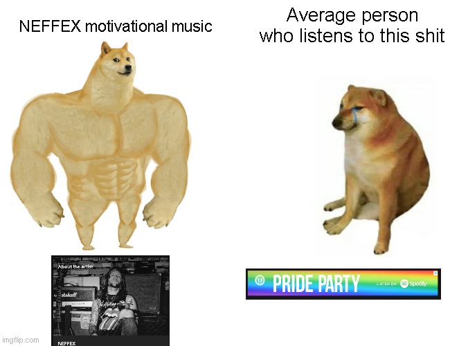 Is this true | Average person who listens to this shit; NEFFEX motivational music | image tagged in memes,buff doge vs cheems | made w/ Imgflip meme maker