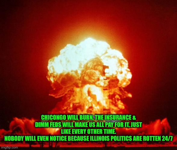 Nuke | CHICONGO WILL BURN, THE INSURANCE & DIMM FEDS WILL MAKE US ALL PAY FOR IT, JUST LIKE EVERY OTHER TIME.
NOBODY WILL EVEN NOTICE BECAUSE ILLIN | image tagged in nuke | made w/ Imgflip meme maker