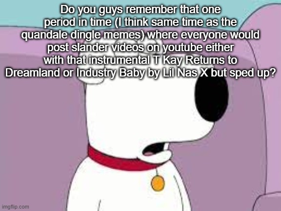 Family Guy creator Seth McFarlane kills off Brian Griffin | Belf | Do you guys remember that one period in time (I think same time as the quandale dingle memes) where everyone would post slander videos on youtube either with that instrumental T Kay Returns to Dreamland or Industry Baby by Lil Nas X but sped up? | image tagged in family guy creator seth mcfarlane kills off brian griffin belf | made w/ Imgflip meme maker