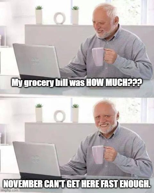 Hide the Pain Harold Meme | My grocery bill was HOW MUCH??? NOVEMBER CAN'T GET HERE FAST ENOUGH. | image tagged in memes,hide the pain harold | made w/ Imgflip meme maker