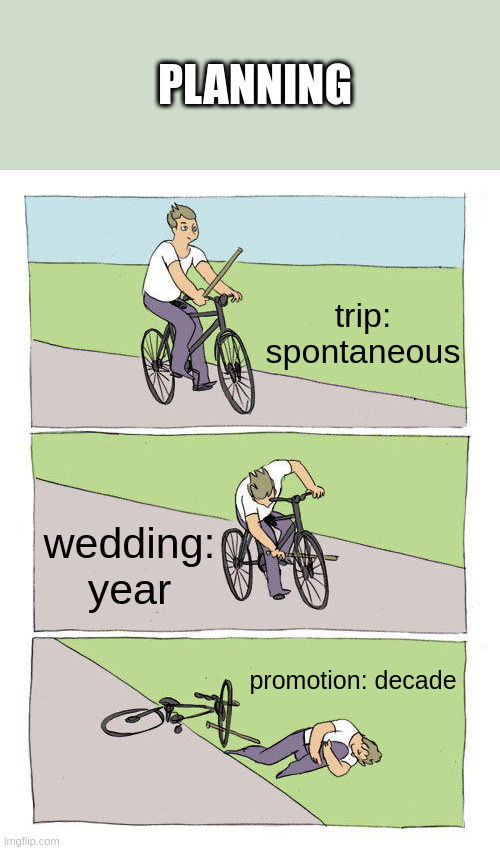 planning | PLANNING; trip: spontaneous; wedding: year; promotion: decade | image tagged in memes,bike fall | made w/ Imgflip meme maker