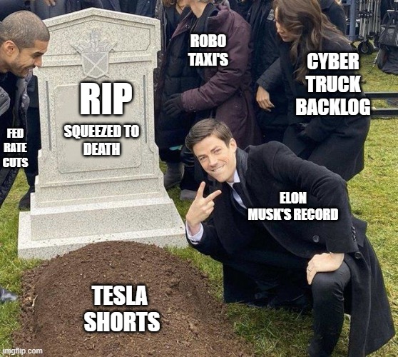 TESLA Short Squeeze | ROBO TAXI'S; CYBER TRUCK BACKLOG; RIP; FED RATE CUTS; SQUEEZED TO
DEATH; ELON MUSK'S RECORD; TESLA 
SHORTS | image tagged in grant gustin gravestone | made w/ Imgflip meme maker