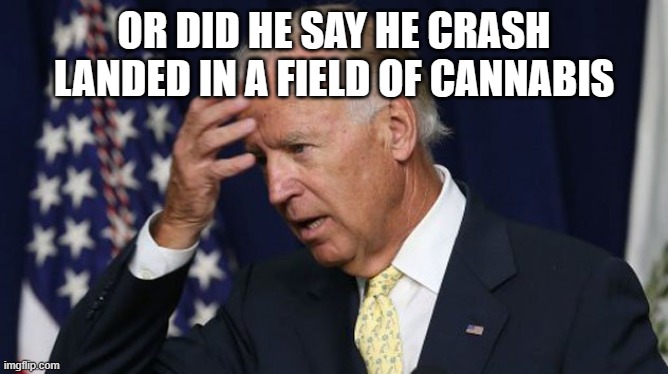 Joe Biden worries | OR DID HE SAY HE CRASH LANDED IN A FIELD OF CANNABIS | image tagged in joe biden worries | made w/ Imgflip meme maker