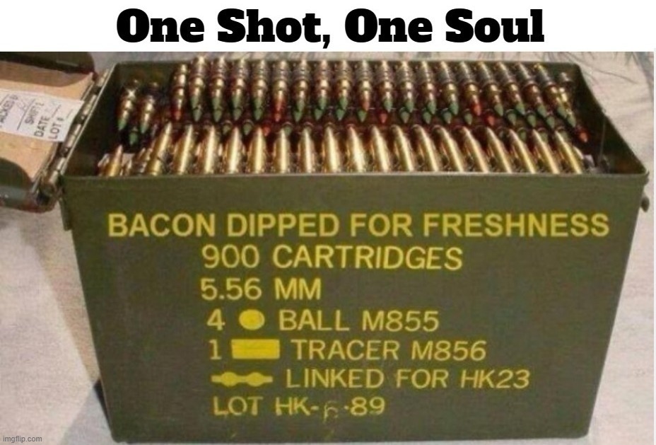 One Shot, One Soul. | image tagged in bacon week,bacon meme,bacon grenades,i love bacon,aloha snackbar,72 virgins | made w/ Imgflip meme maker