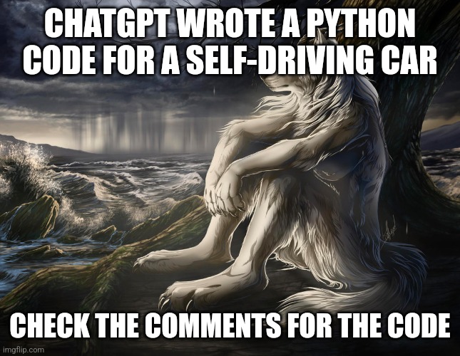 Sitting Wolf | CHATGPT WROTE A PYTHON CODE FOR A SELF-DRIVING CAR; CHECK THE COMMENTS FOR THE CODE | image tagged in sitting wolf | made w/ Imgflip meme maker