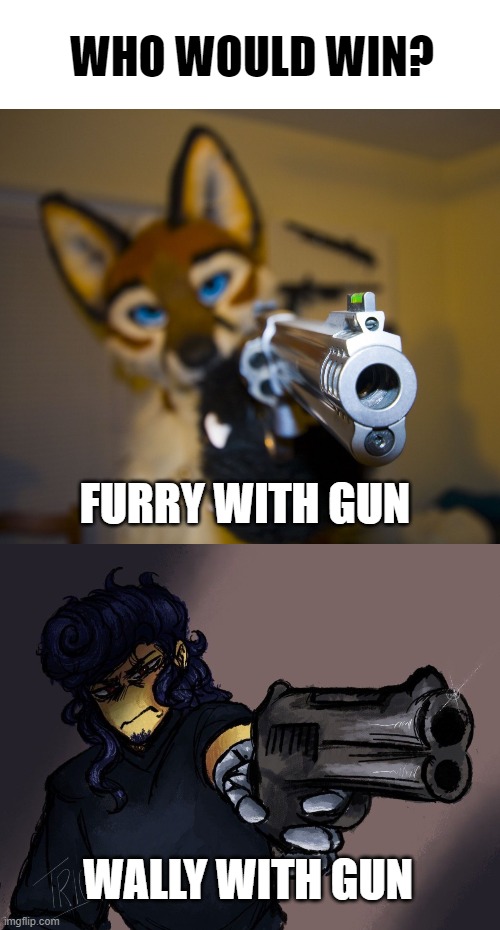 IT'S THE BATTLE OF THE TWO FANDOMS! | WHO WOULD WIN? FURRY WITH GUN; WALLY WITH GUN | image tagged in furry with gun,wally with a gun,guns,fandoms,who would win | made w/ Imgflip meme maker