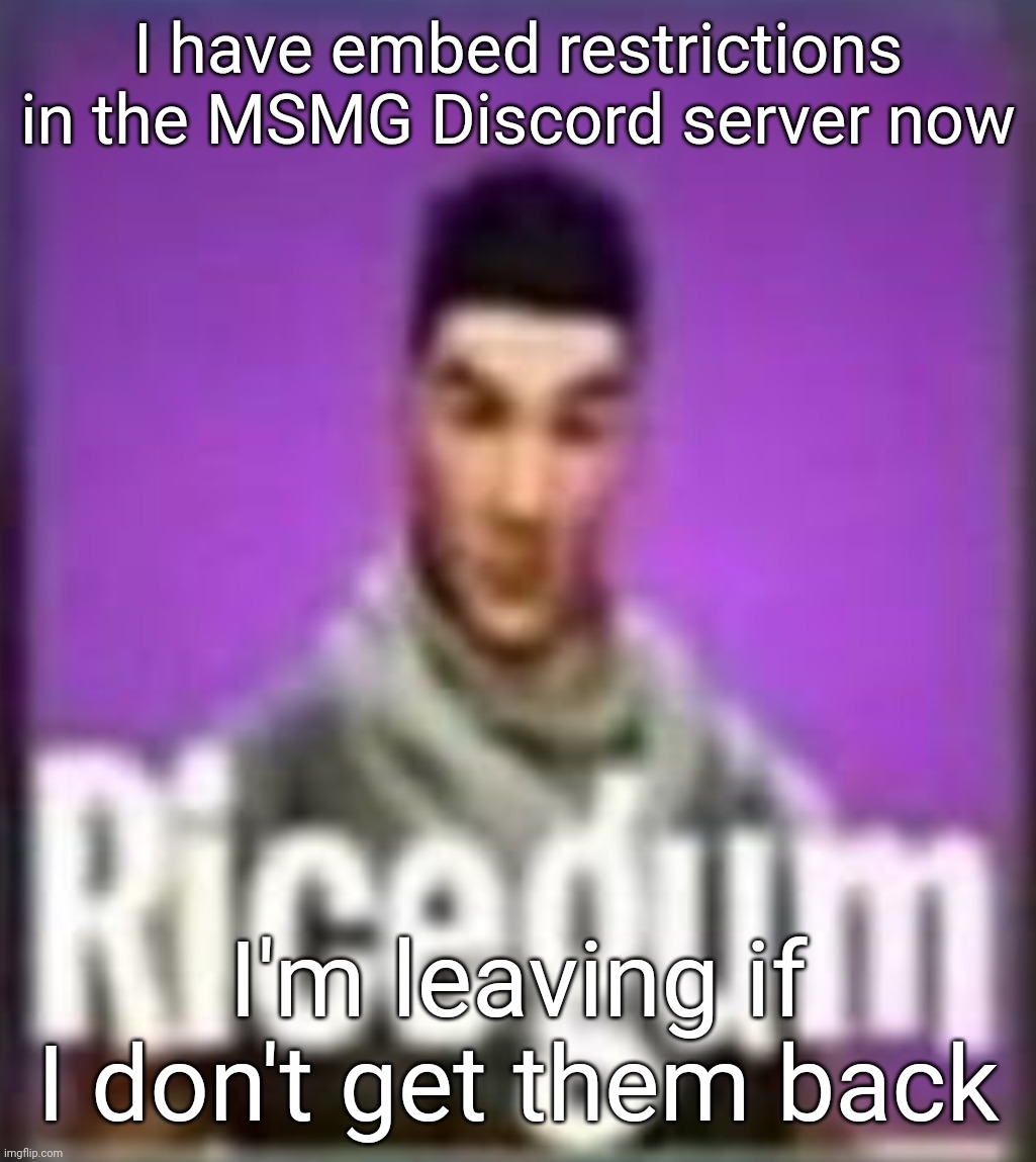 Ricegum | I have embed restrictions in the MSMG Discord server now; I'm leaving if I don't get them back | image tagged in ricegum | made w/ Imgflip meme maker
