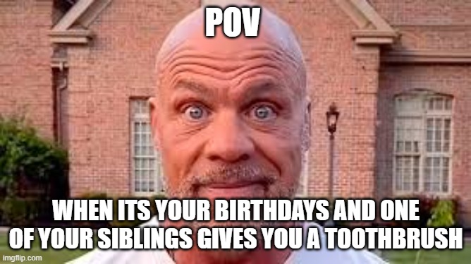 POV; WHEN ITS YOUR BIRTHDAYS AND ONE OF YOUR SIBLINGS GIVES YOU A TOOTHBRUSH | image tagged in memes | made w/ Imgflip meme maker