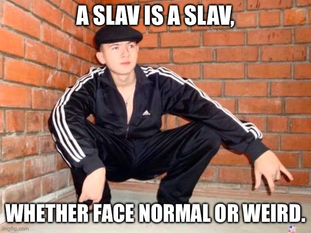 Slav Squat | A SLAV IS A SLAV, WHETHER FACE NORMAL OR WEIRD. | image tagged in slav squat | made w/ Imgflip meme maker