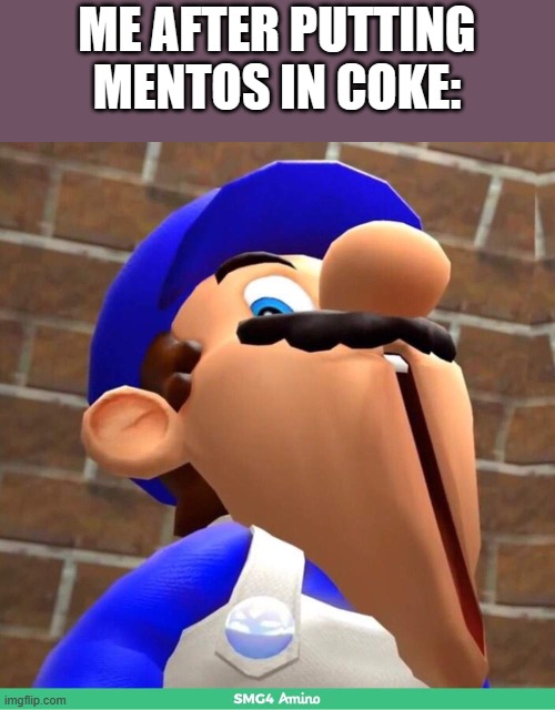 Meme | ME AFTER PUTTING MENTOS IN COKE: | image tagged in smg4's face | made w/ Imgflip meme maker