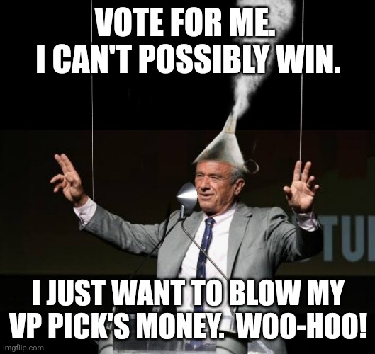 Presidential Race | VOTE FOR ME.  I CAN'T POSSIBLY WIN. I JUST WANT TO BLOW MY VP PICK'S MONEY.  WOO-HOO! | image tagged in rfk jr,money corrupts,presidential race | made w/ Imgflip meme maker