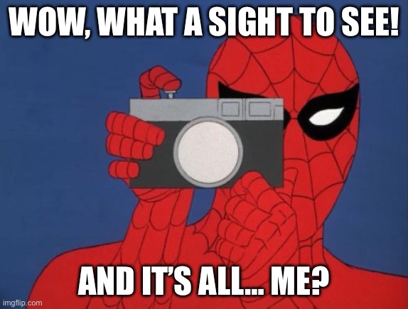 Spiderman Camera Meme | WOW, WHAT A SIGHT TO SEE! AND IT’S ALL… ME? | image tagged in memes,spiderman camera,spiderman | made w/ Imgflip meme maker