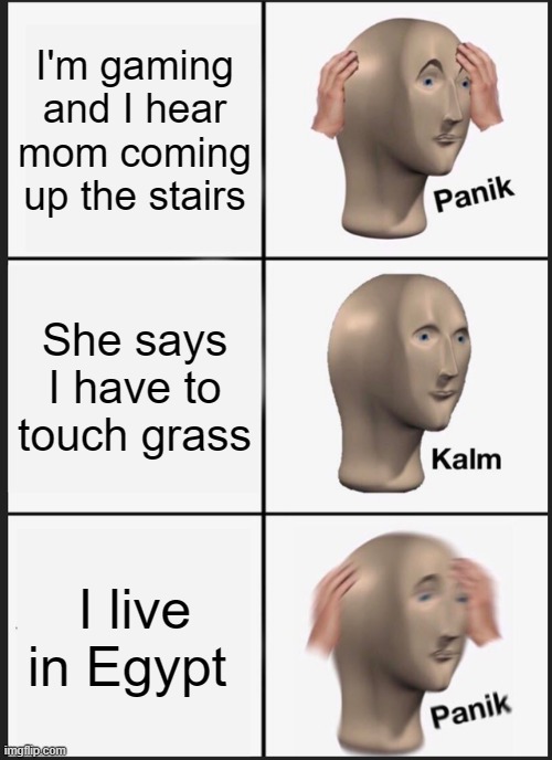 uh oh | I'm gaming and I hear mom coming up the stairs; She says I have to touch grass; I live in Egypt | image tagged in memes,panik kalm panik,touch grass,egypt,mom,funny | made w/ Imgflip meme maker