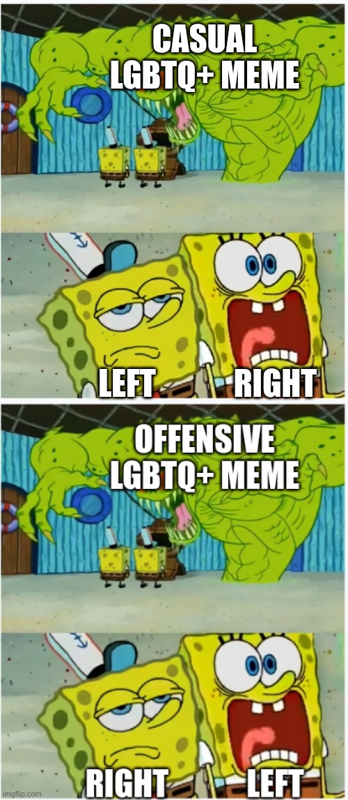This idea for a politics meme popped in my head | CASUAL LGBTQ+ MEME; RIGHT; LEFT | image tagged in spongebob squarepants scared but also not scared | made w/ Imgflip meme maker