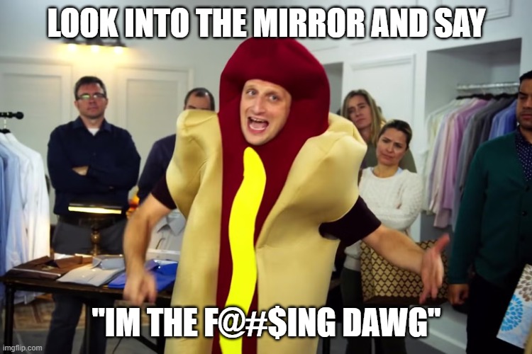 Self-Help | LOOK INTO THE MIRROR AND SAY; "IM THE F@#$ING DAWG" | image tagged in bruh,self help,motivational,hotdog | made w/ Imgflip meme maker