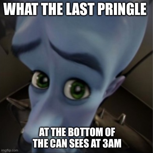 Pringles are ok. | WHAT THE LAST PRINGLE; AT THE BOTTOM OF THE CAN SEES AT 3AM | image tagged in megamind peeking | made w/ Imgflip meme maker