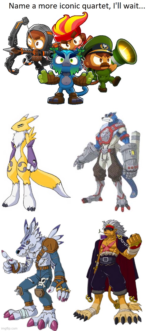 Renamon,MachGaogamon,Weregarurumon and BanchoLeomon is another awesome anime quartet! | image tagged in name a more iconic quartet | made w/ Imgflip meme maker