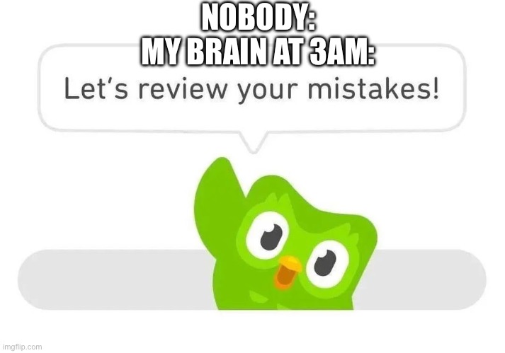Spanish, or vanish!! | NOBODY:
MY BRAIN AT 3AM: | image tagged in duolingo review your mistakes | made w/ Imgflip meme maker