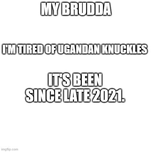 VRChat, stop. | MY BRUDDA; I'M TIRED OF UGANDAN KNUCKLES; IT'S BEEN SINCE LATE 2021. | image tagged in ugandan knuckles,stop,2021,why are you reading the tags,oh wow are you actually reading these tags,stop reading the tags | made w/ Imgflip meme maker