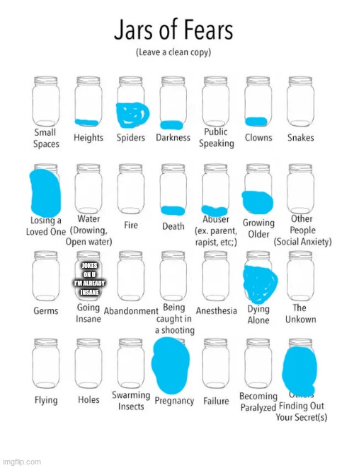 my jar of fear (yes I have fears) | JOKES ON U I'M ALREADY INSANE | image tagged in jar of fears clear version | made w/ Imgflip meme maker