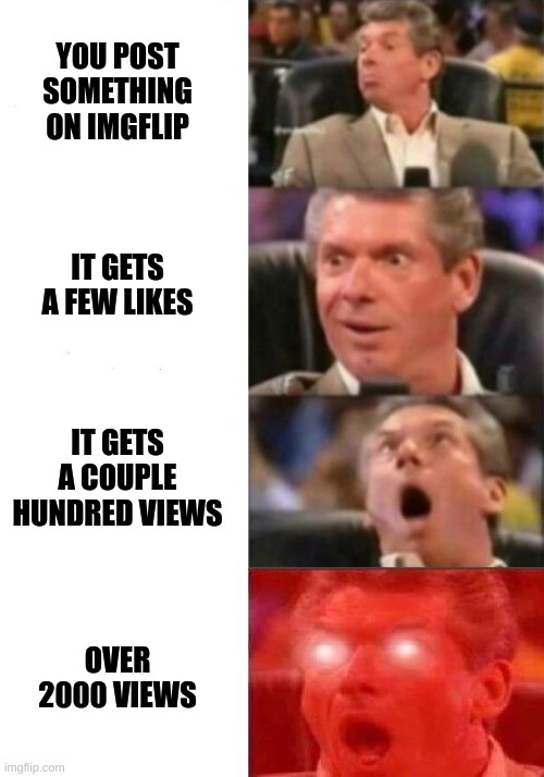 you know that feeling? | YOU POST SOMETHING ON IMGFLIP; IT GETS A FEW LIKES; IT GETS A COUPLE HUNDRED VIEWS; OVER 2000 VIEWS | image tagged in mr mcmahon reaction,views,really | made w/ Imgflip meme maker