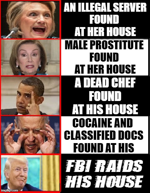 When Evil is in Power and Won't Let Go | AN ILLEGAL SERVER
FOUND 
AT HER HOUSE; MALE PROSTITUTE 
FOUND 
AT HER HOUSE; A DEAD CHEF
FOUND
AT HIS HOUSE; COCAINE AND 
CLASSIFIED DOCS
FOUND AT HIS; FBI RAIDS HIS HOUSE | image tagged in vince vance,president trump,hillary clinton,nancy pelosi,barack obama,joe biden | made w/ Imgflip meme maker