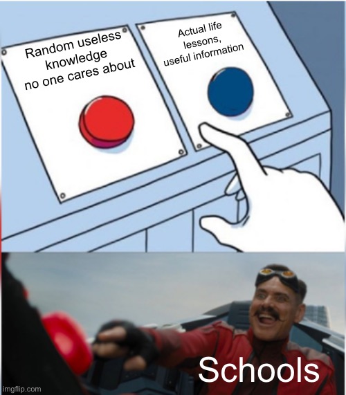 Robotnik Pressing Red Button | Actual life lessons, useful information; Random useless knowledge no one cares about; Schools | image tagged in robotnik pressing red button | made w/ Imgflip meme maker