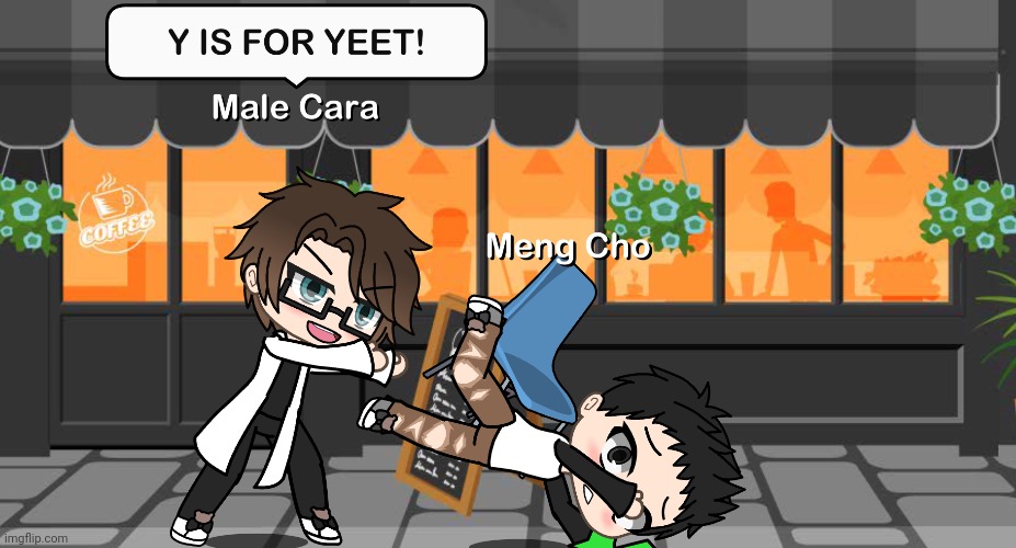 Y is for Yeet. Male Cara yeets Meng Cho the shoplifter because he stole items that went sold out. | image tagged in pop up school 2,pus2,x is for x,male cara,meng cho,yeet | made w/ Imgflip meme maker