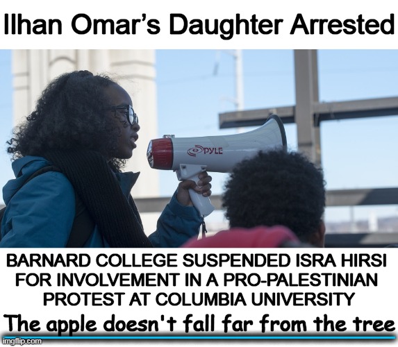 Radical Hirsi identified herself as an organizer w/ Columbia University Apartheid Divest. | Ilhan Omar’s Daughter Arrested; BARNARD COLLEGE SUSPENDED ISRA HIRSI 
FOR INVOLVEMENT IN A PRO-PALESTINIAN 
PROTEST AT COLUMBIA UNIVERSITY; The apple doesn't fall far from the tree; __________________________ | image tagged in politics,ilhan omar,daughter,mom and daughter,radical,liberals | made w/ Imgflip meme maker