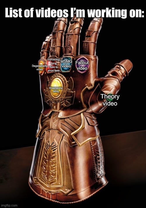 Infinity Gauntlet 6000 | List of videos I’m working on:; Uploading long form to short form; Fallout video; Degenerocity video; MSMG video; Dreamworks rating; Theory video | image tagged in infinity gauntlet 6000 | made w/ Imgflip meme maker