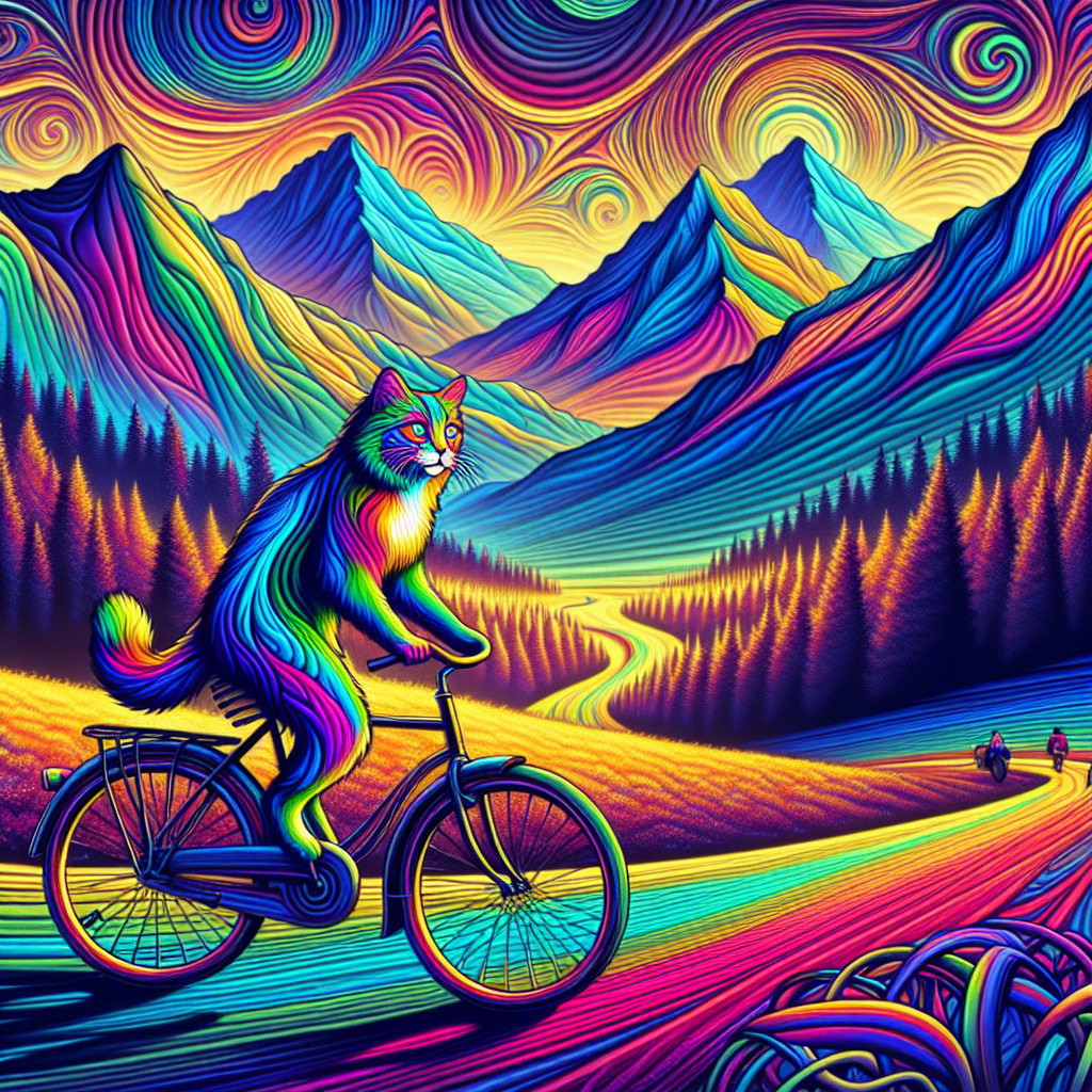 Trippy cat on a bicycle pedaling through the mountains Blank Meme Template
