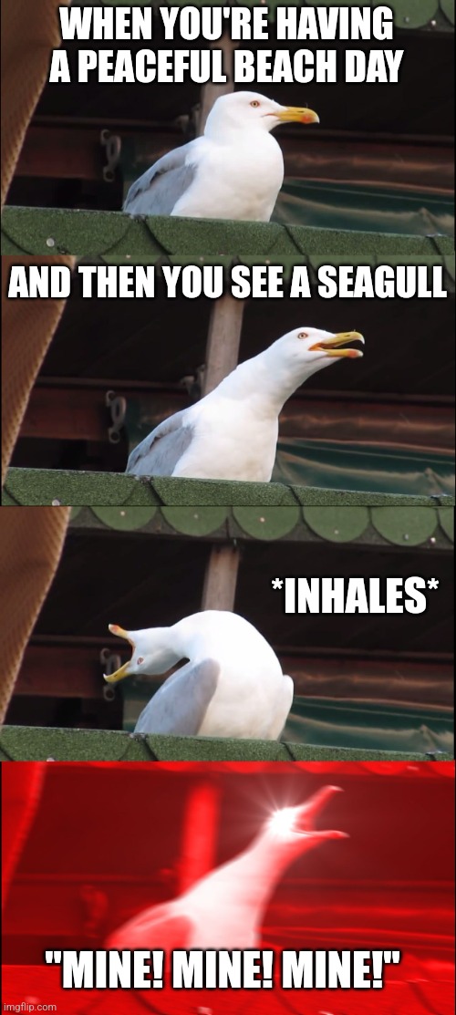 Inhaling Seagull | WHEN YOU'RE HAVING A PEACEFUL BEACH DAY; AND THEN YOU SEE A SEAGULL; *INHALES*; "MINE! MINE! MINE!" | image tagged in memes,inhaling seagull | made w/ Imgflip meme maker