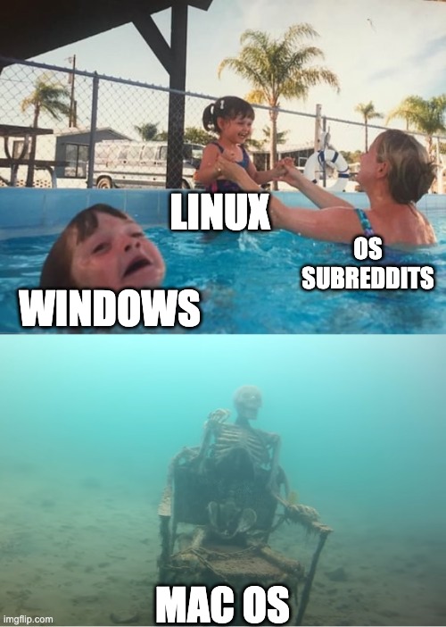 Swimming Pool Kids | LINUX; OS SUBREDDITS; WINDOWS; MAC OS | image tagged in swimming pool kids | made w/ Imgflip meme maker