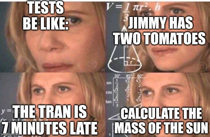 Math lady/Confused lady | TESTS BE LIKE:; JIMMY HAS TWO TOMATOES; THE TRAN IS 7 MINUTES LATE; CALCULATE THE MASS OF THE SUN | image tagged in math lady/confused lady | made w/ Imgflip meme maker
