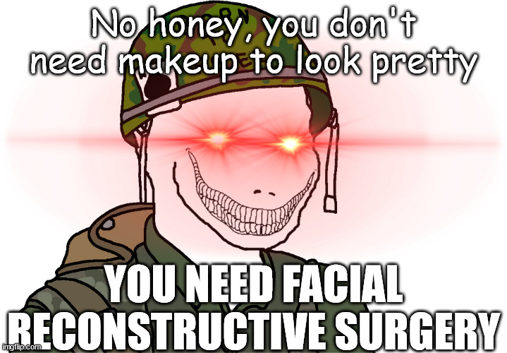 Gonna rub some SALT into that BURN! | No honey, you don't need makeup to look pretty; YOU NEED FACIAL RECONSTRUCTIVE SURGERY | image tagged in usa vietnam war wojak,burn,memes | made w/ Imgflip meme maker