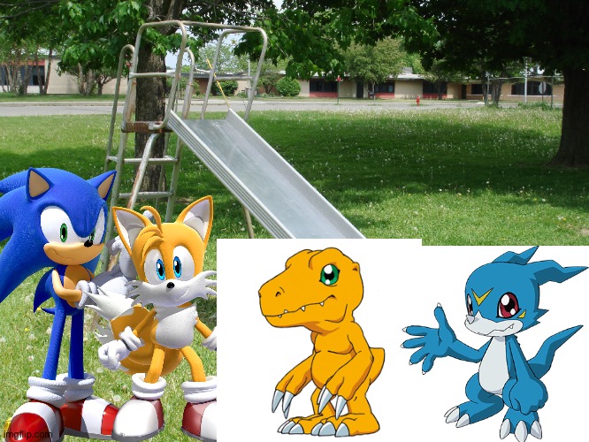 Sonic,Tails,Agumon and Veemon having fun at the park | image tagged in metal playground slide,sonic the hedgehog,sonic,tails the fox,digimon,crossover | made w/ Imgflip meme maker